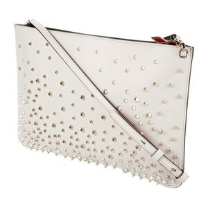Christian Louboutin White Leather Loubiposh Clutch with Gold Spikes